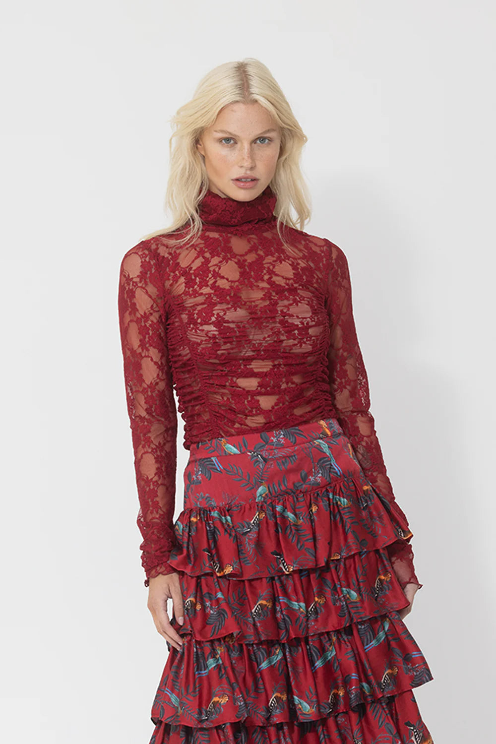 JOEY THE LABEL Geo Floral lace ruched top - Raspberry